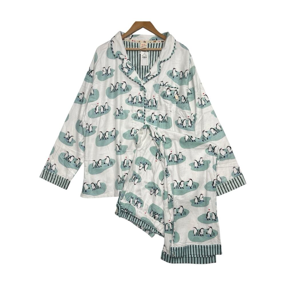 New Munki Munki Pajama Set Womens XXL White Green Penguin Fleece Lounge Bamboo